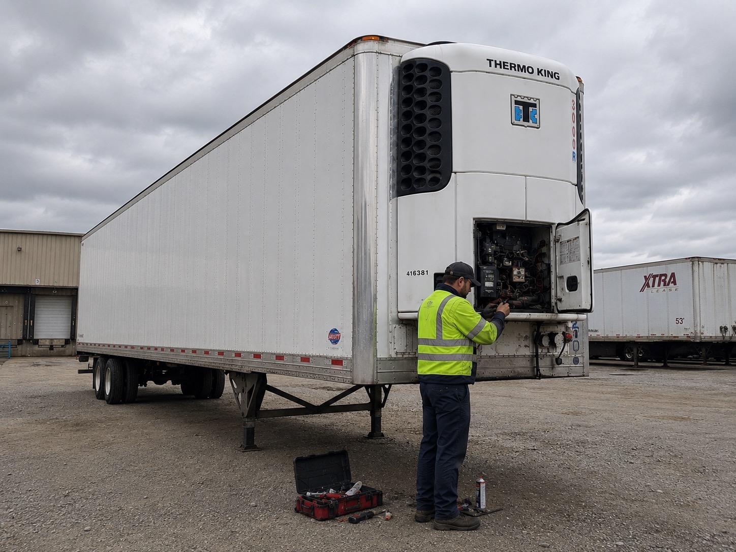 Technician servicing an open Thermo King reefer control panel on a trailer