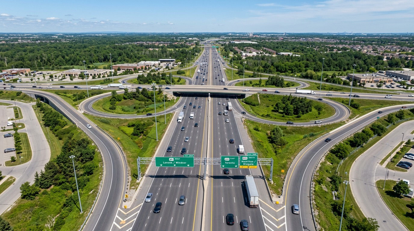 Aerial view of a Canadian multi-lane highway interchange