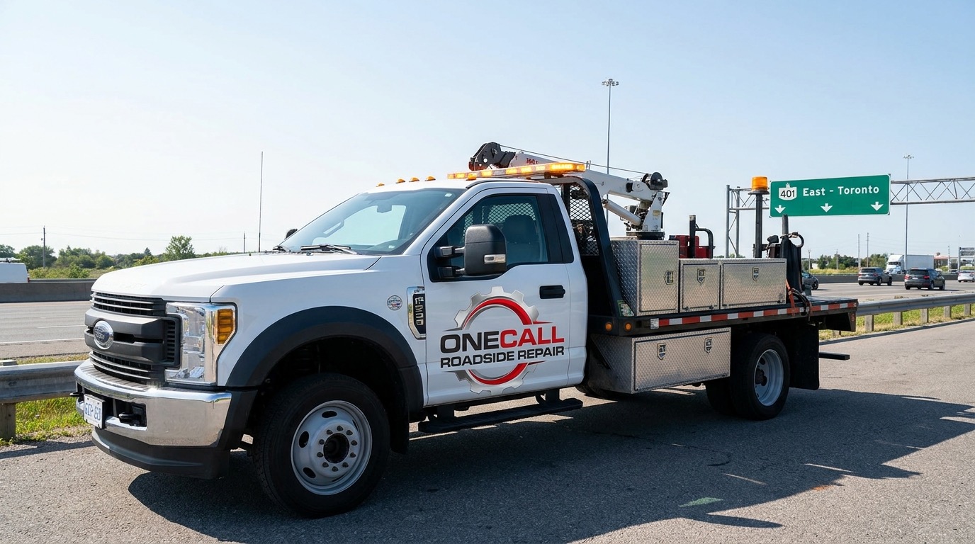 Heavy-duty Freightliner semi-truck with OneCall Roadside Repair branding on Highway 401 in daylight