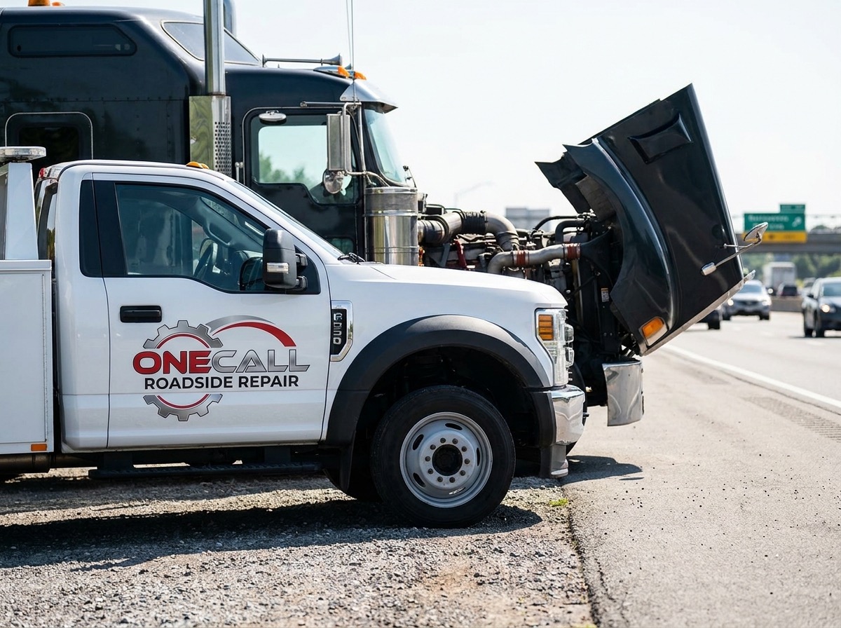 Mobile diesel mechanic performing engine diagnostics on a heavy-duty truck with hood tilted forward