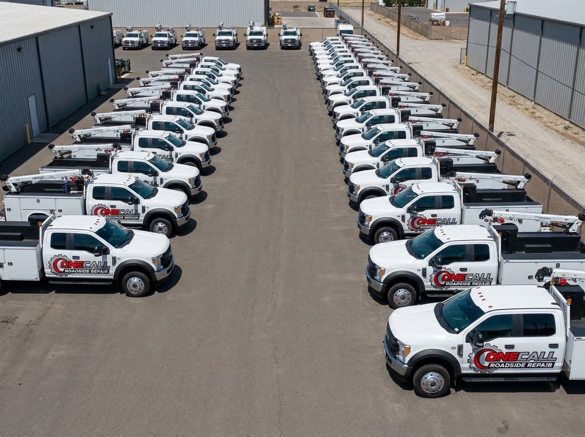 Commercial trucking fleet yard with semi-trucks and trailers parked in organized rows